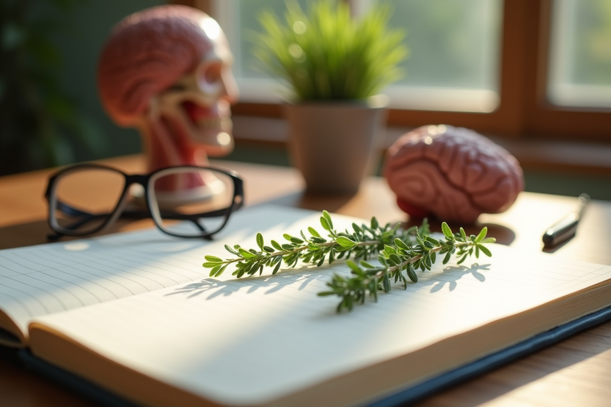 Brins de thym frais sur un carnet scientifique avec modèle de cerveau