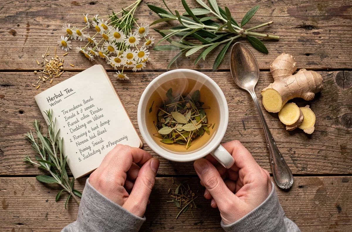 Tasse de tisane pour femme enceinte entourée de plantes médicinales sur une table en bois