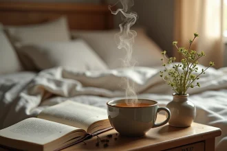 Tasse de tisane de thym fumante posée sur une table de chevet en bois avec un livre ouvert et des brins de thym séché, ambiance chambre cosy et reposante