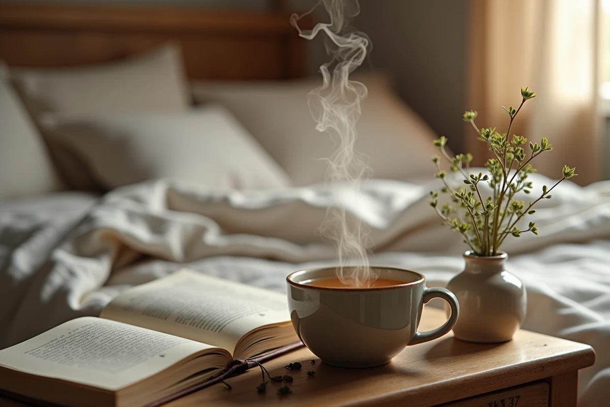 Tasse de tisane de thym fumante posée sur une table de chevet en bois avec un livre ouvert et des brins de thym séché, ambiance chambre cosy et reposante