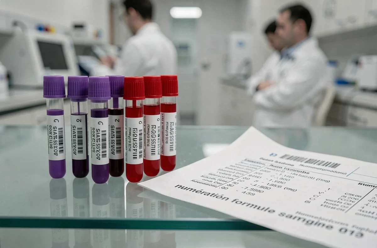 Tubes de prélèvement sanguin et résultats d'analyse hématologique montrant un taux élevé de leucocytes