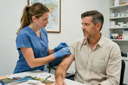 Infirmière administrant un vaccin à un voyageur dans une clinique de santé avant un départ en Tanzanie
