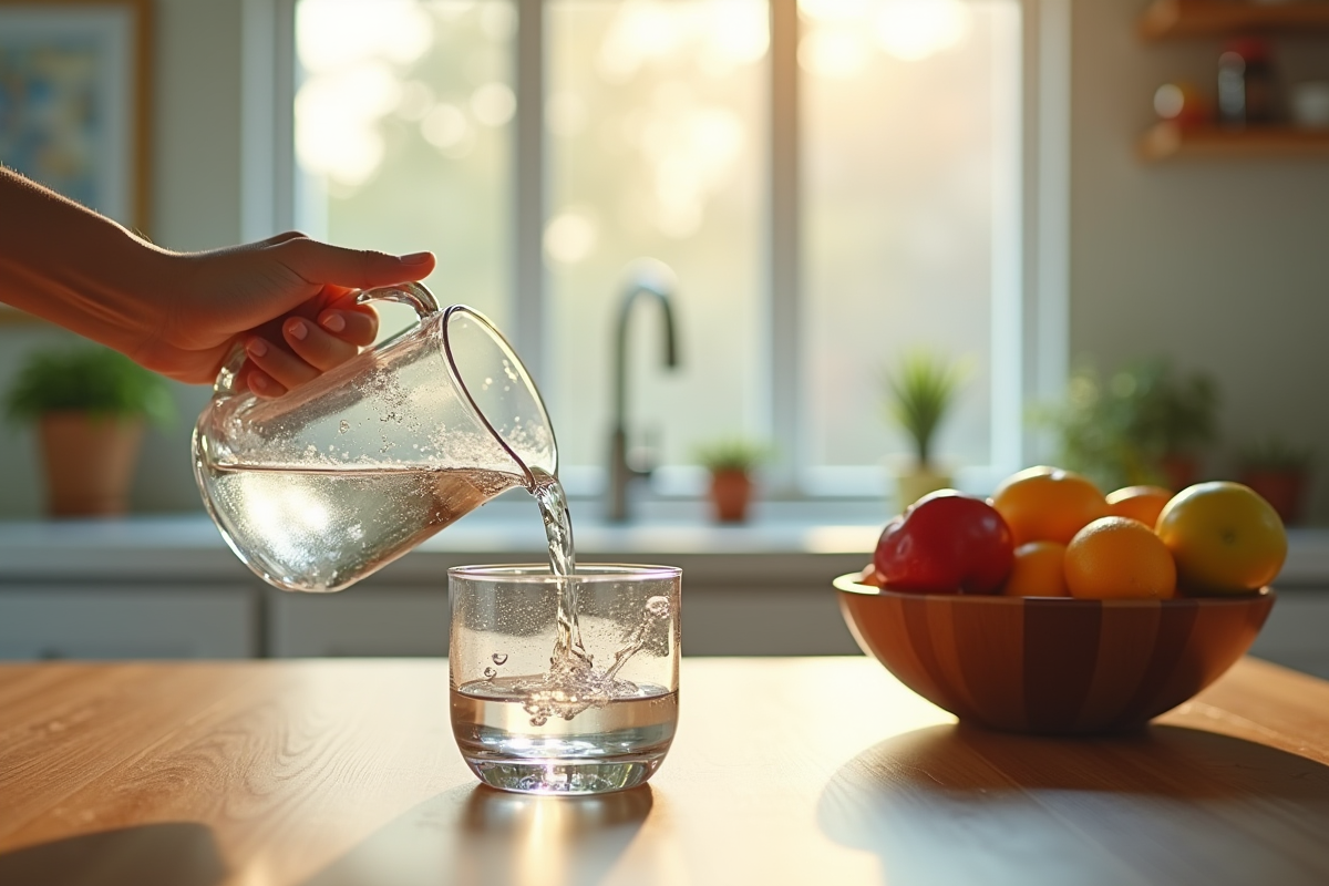 Verseur d'eau avec fruits frais sur la table de cuisine