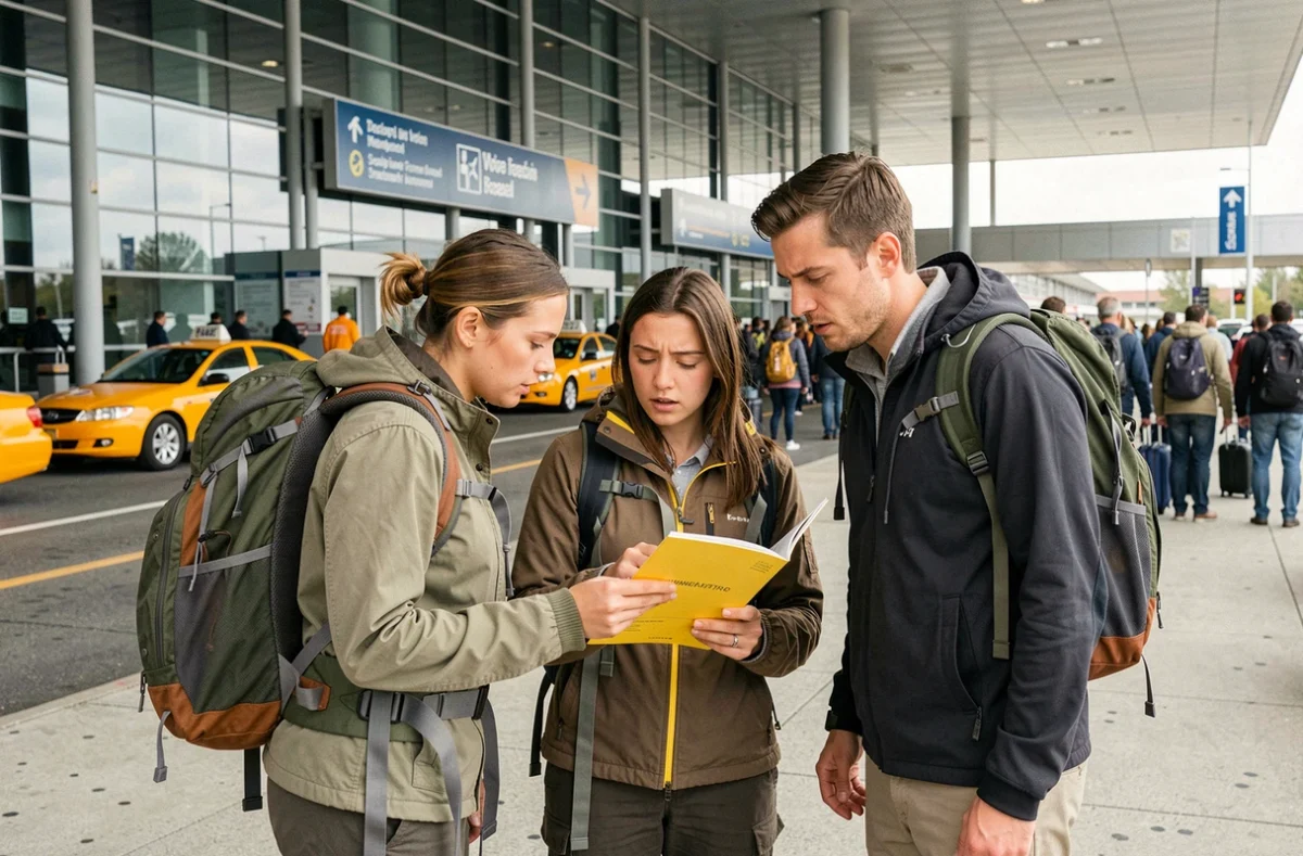 Groupe de voyageurs vérifiant leurs vaccins obligatoires devant un aéroport avant un départ en Tanzanie