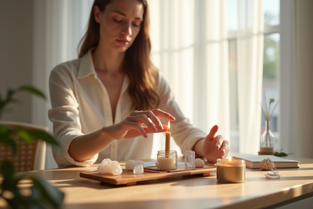 Femme arrangeant des cristaux dans un bureau minimaliste